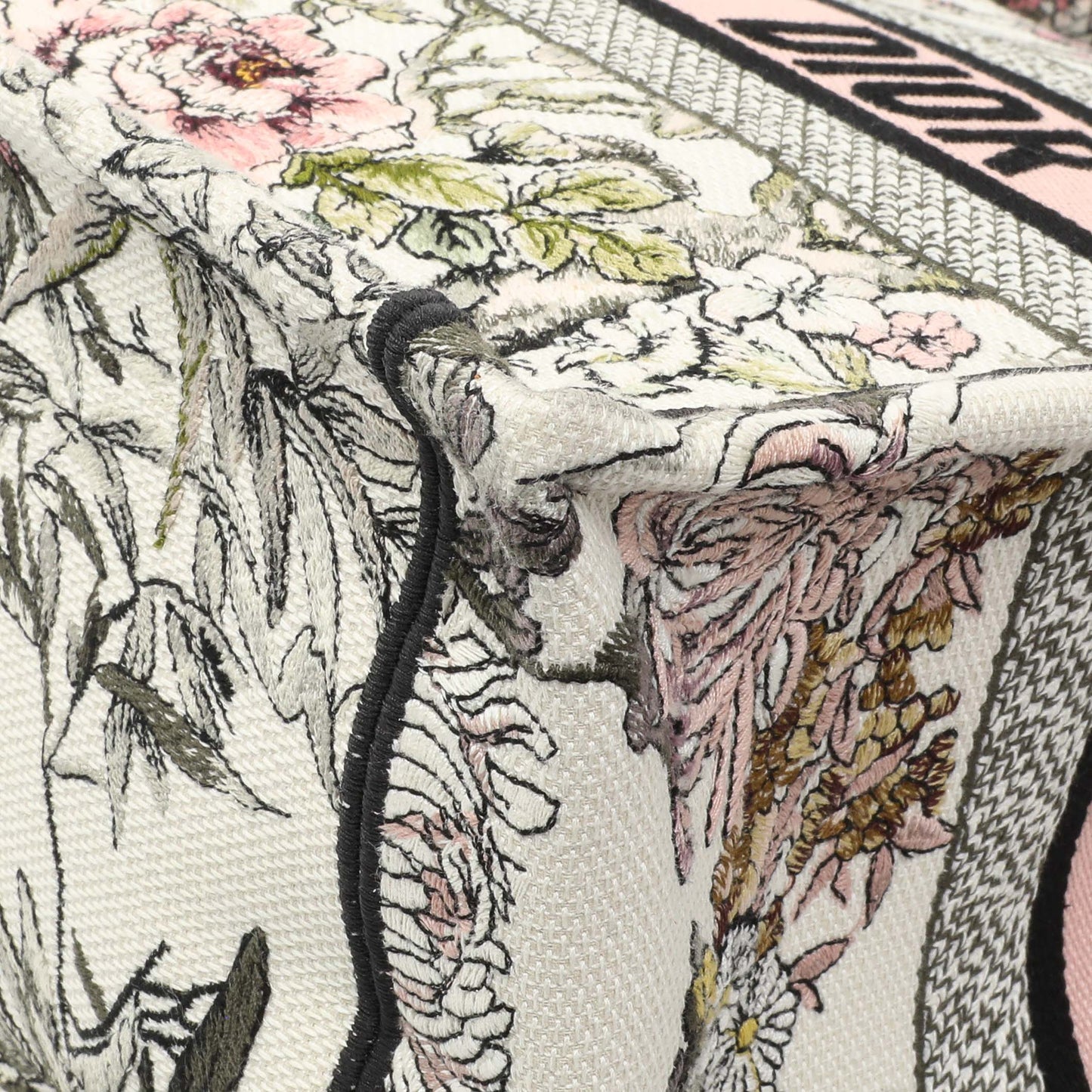Exclusive Christian Dior Pink White Floral Embroidered Medium Book Tote — Detail View