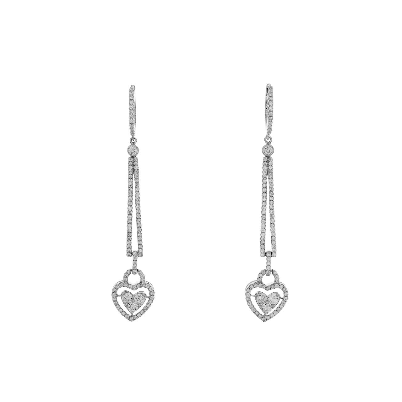 Exclusive 18K White Gold 1.40 Carat Diamond Heart Drop Earrings — Front View