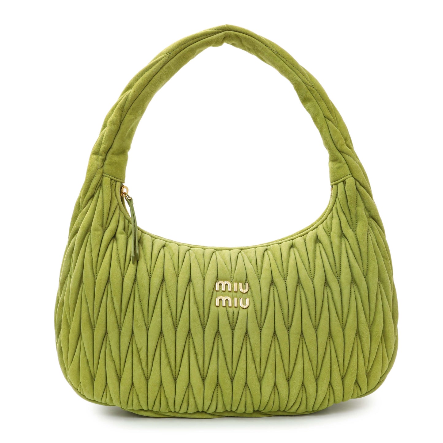 Exclusive MiuMiu Green Matelasse Suede Wander Shoulder Bag — Front View