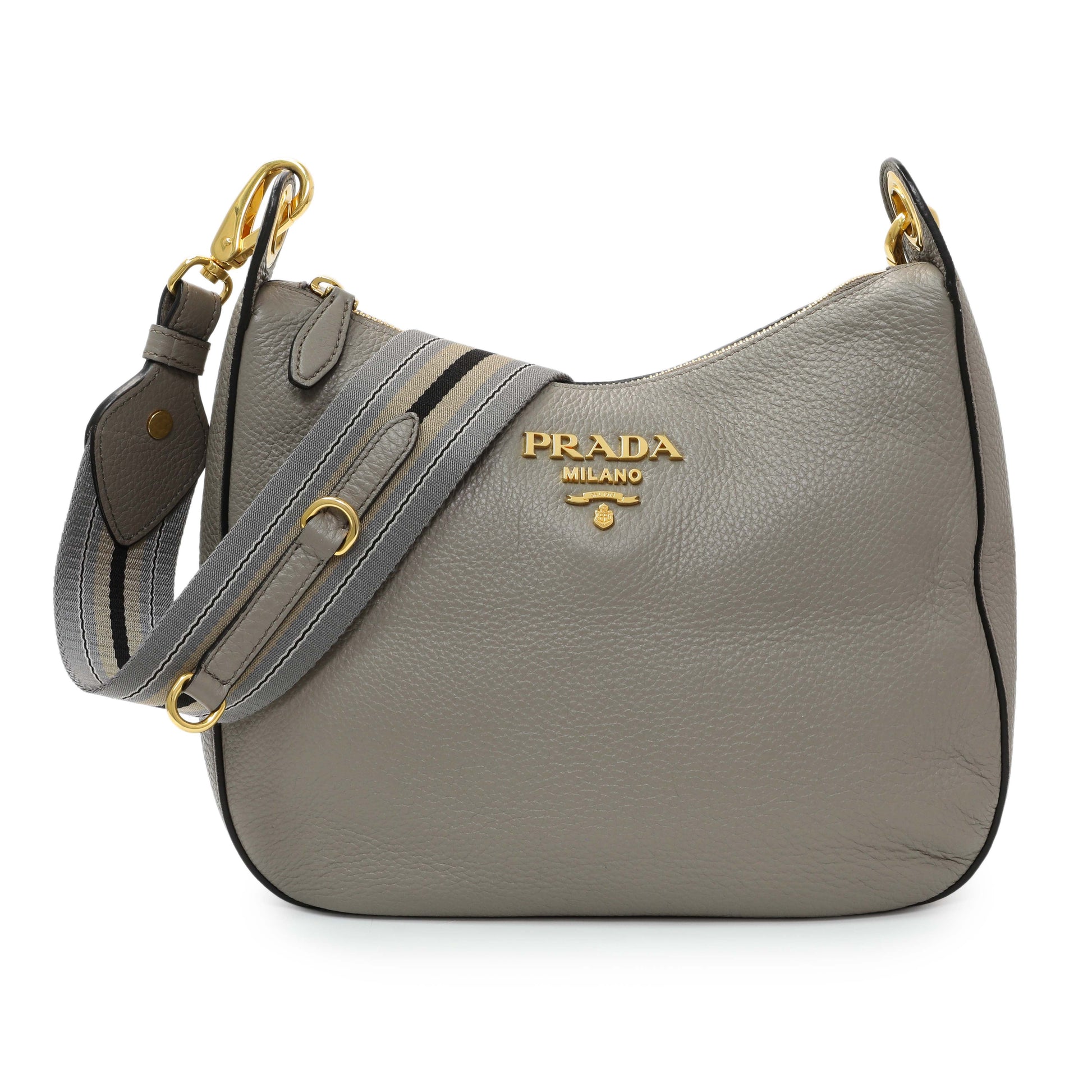 Exclusive Prada Grey Vitello Phenix Zippered Messenger Hobo — Front View
