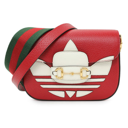 Exclusive Gucci X Adidas Textured Dollar Calfskin Web Trefoil Mini Horsebit 1955 Shoulder Bag Black Red — Front View