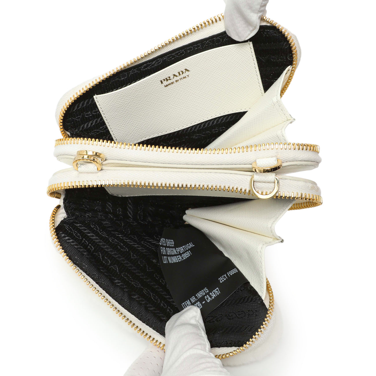 Exclusive Prada White Shearling Mini Triangle Crossbody Pouch — Detail View