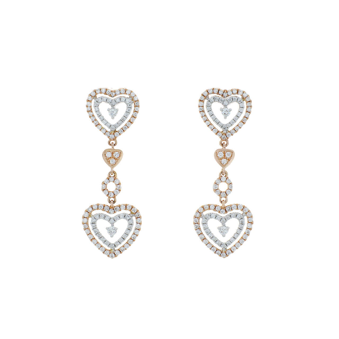 Exclusive 18K Rose Gold 1.15 Carat Diamond Heart Drop Earrings — Front View