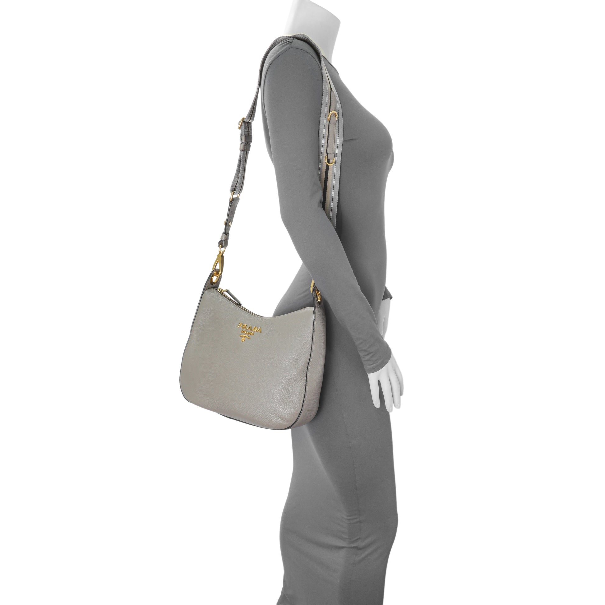 Exclusive Prada Grey Vitello Phenix Zippered Messenger Hobo — Lifestyle View