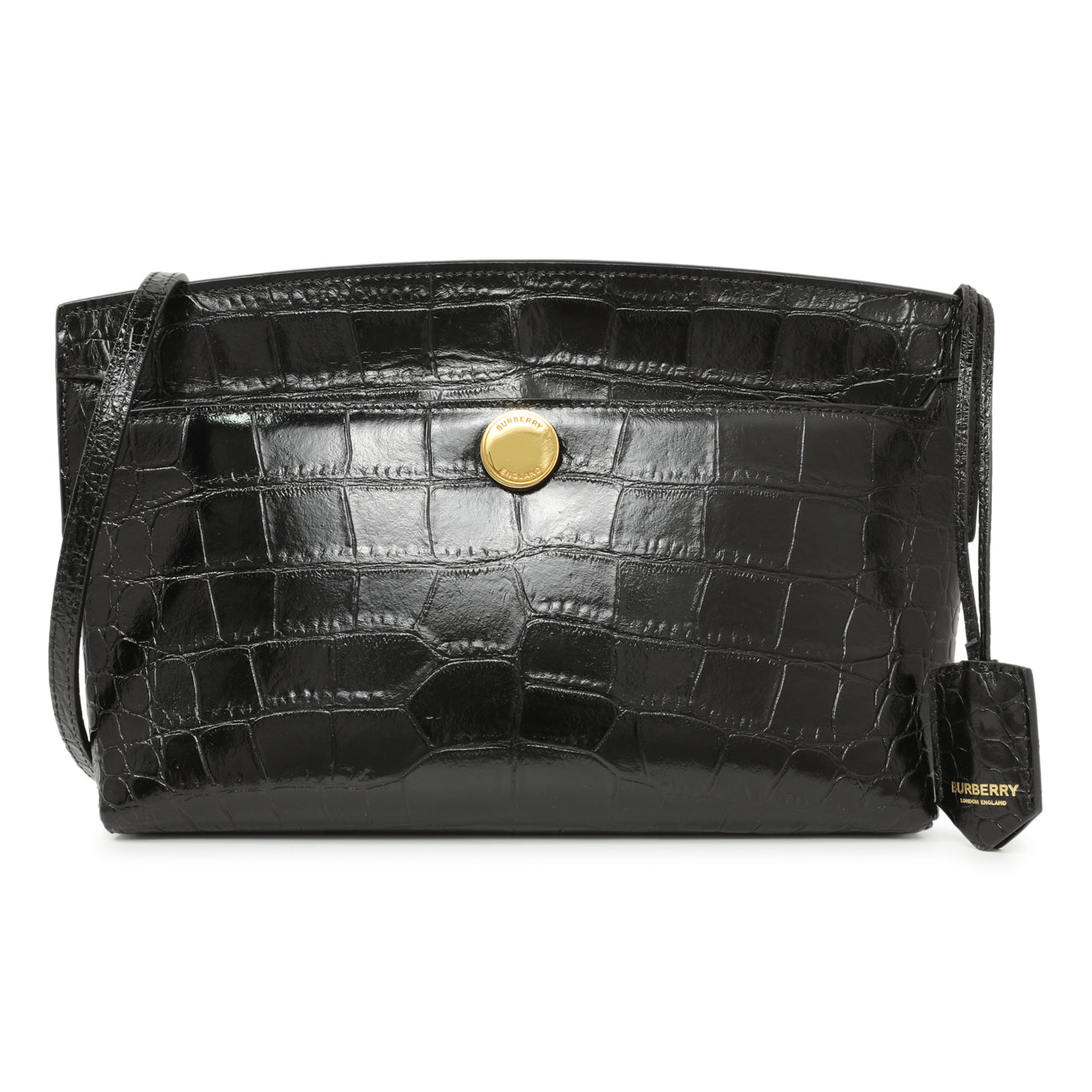 Exclusive Burberry Black Crocodile Embossed Small Society Clutch — Front View
