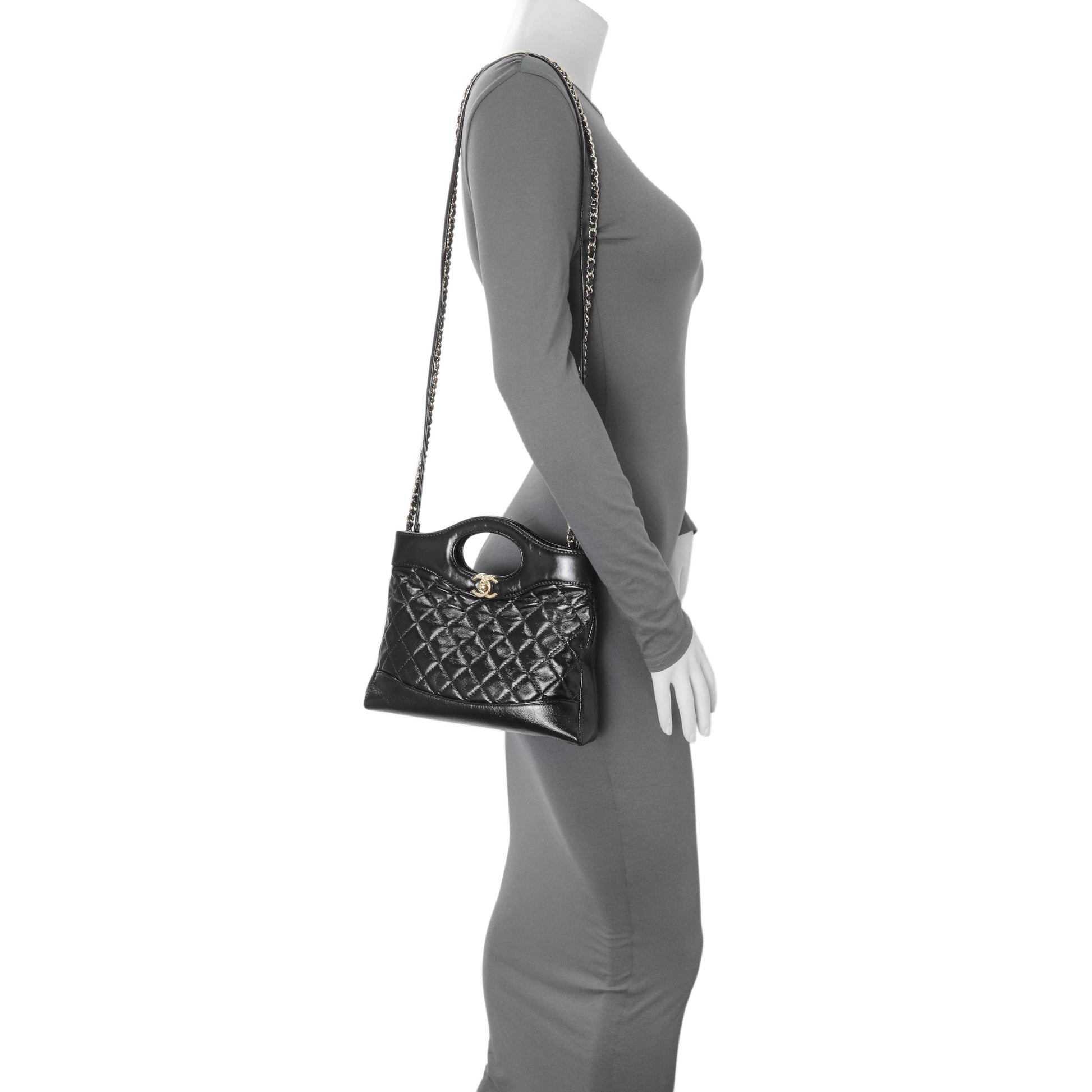 Exclusive Chanel Black Shiny Crumpled Calfskin Quilted Mini 31 Shopping Bag — Alternate View 7