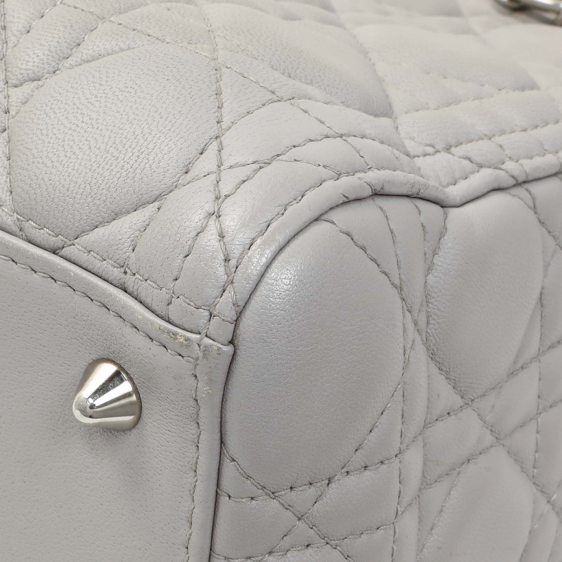 Exclusive Christian Dior Grey Lambskin Cannage Medium Lady Dior — Detail View
