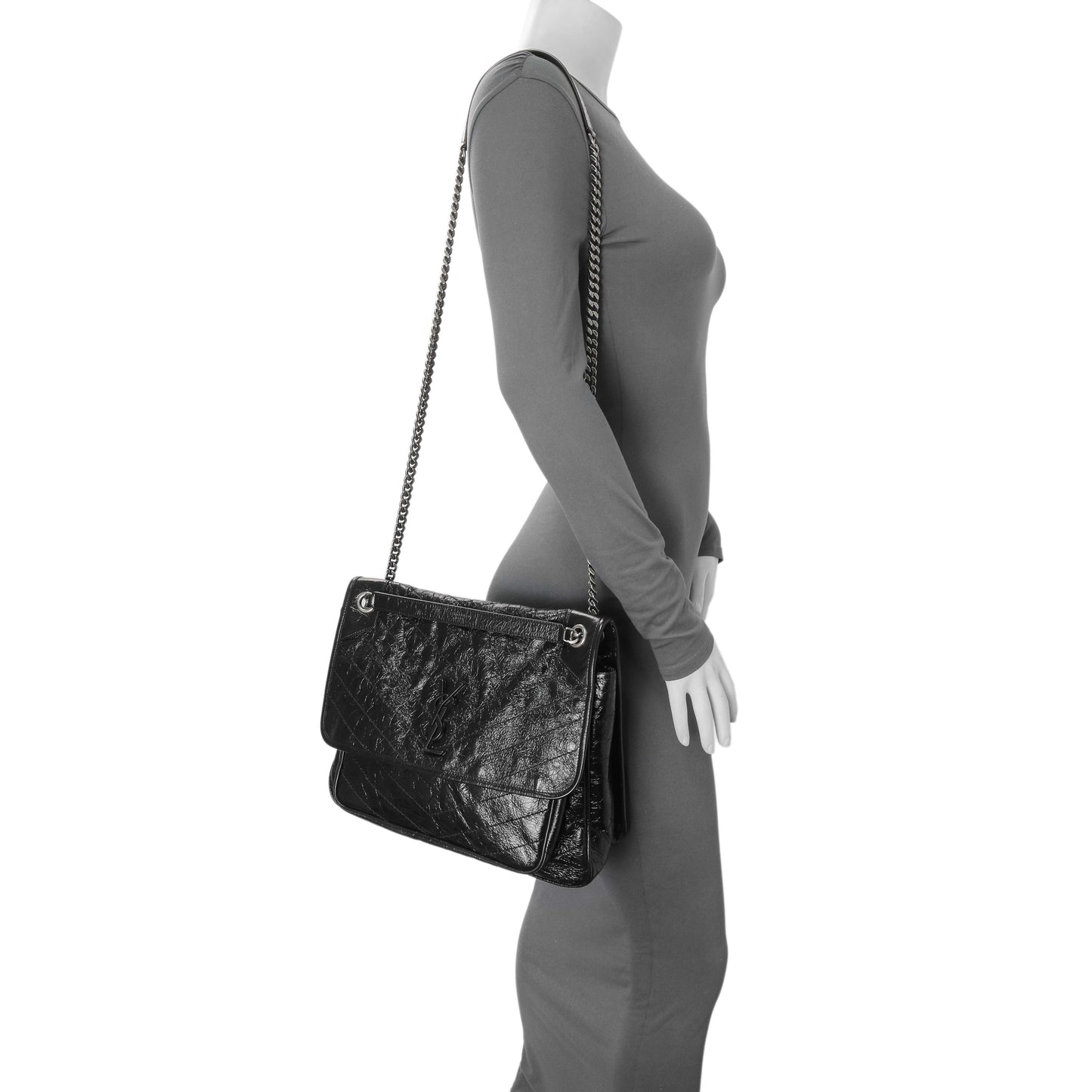 Exclusive Saint Laurent Black Crinkled Calfskin Matelasse Monogram Large Niki Chain Satchel — Alternate View 11