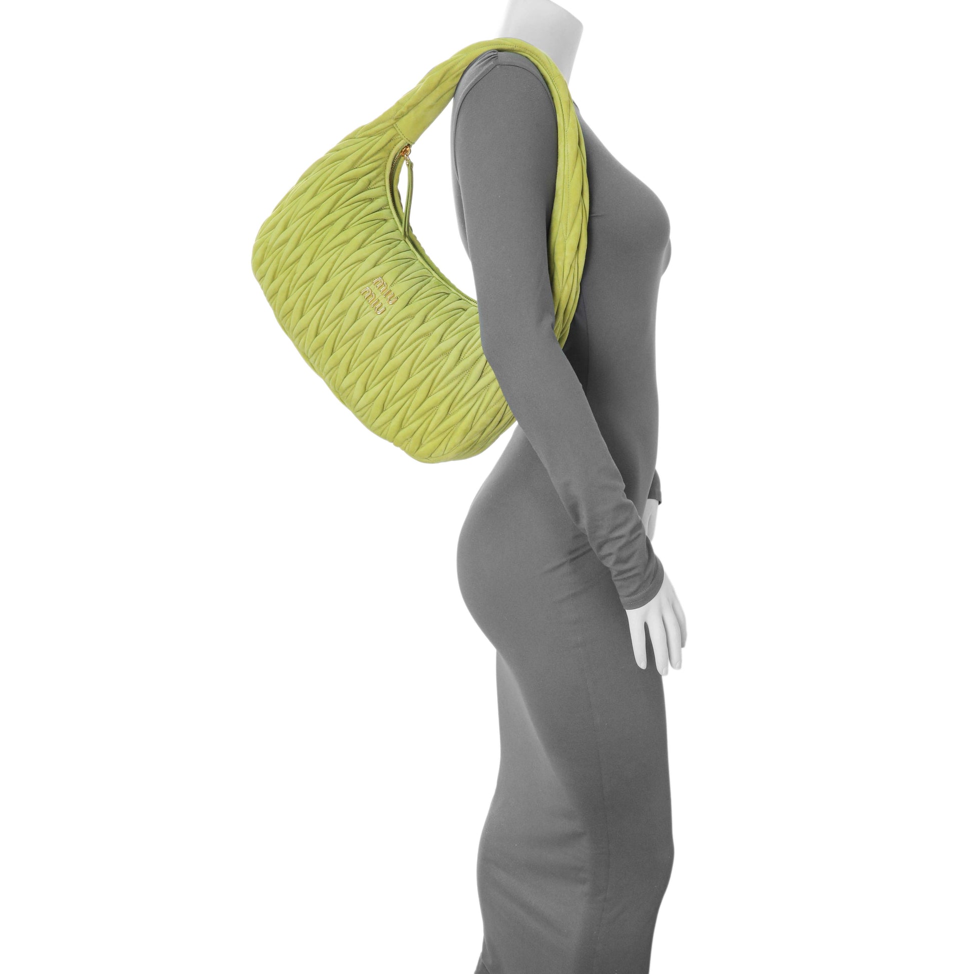 Exclusive MiuMiu Green Matelasse Suede Wander Shoulder Bag — Lifestyle View