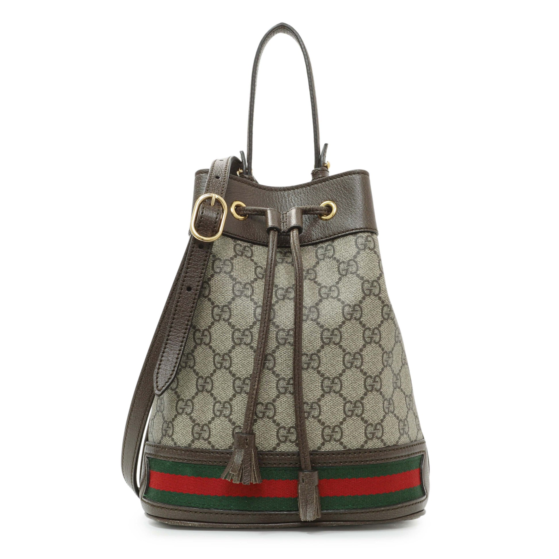 Exclusive Gucci GG Supreme Monogram Web Small Ophidia Bucket Bag — Front View