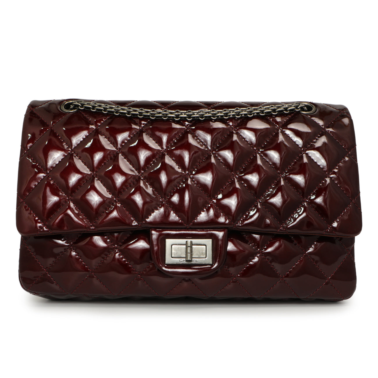 Exclusive Chanel Burgundy Quilted Patent 2.55 Reissue 227 — Front View