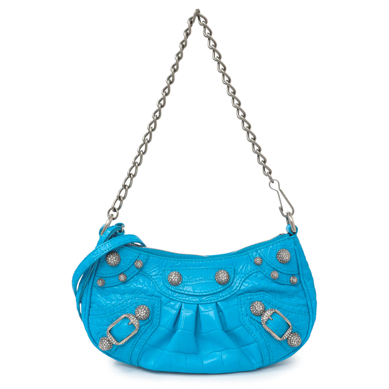 Exclusive Balenciaga Blue Crocodile Embossed Calfskin Crystal Le Cagole Mini Purse With Chain — Front View