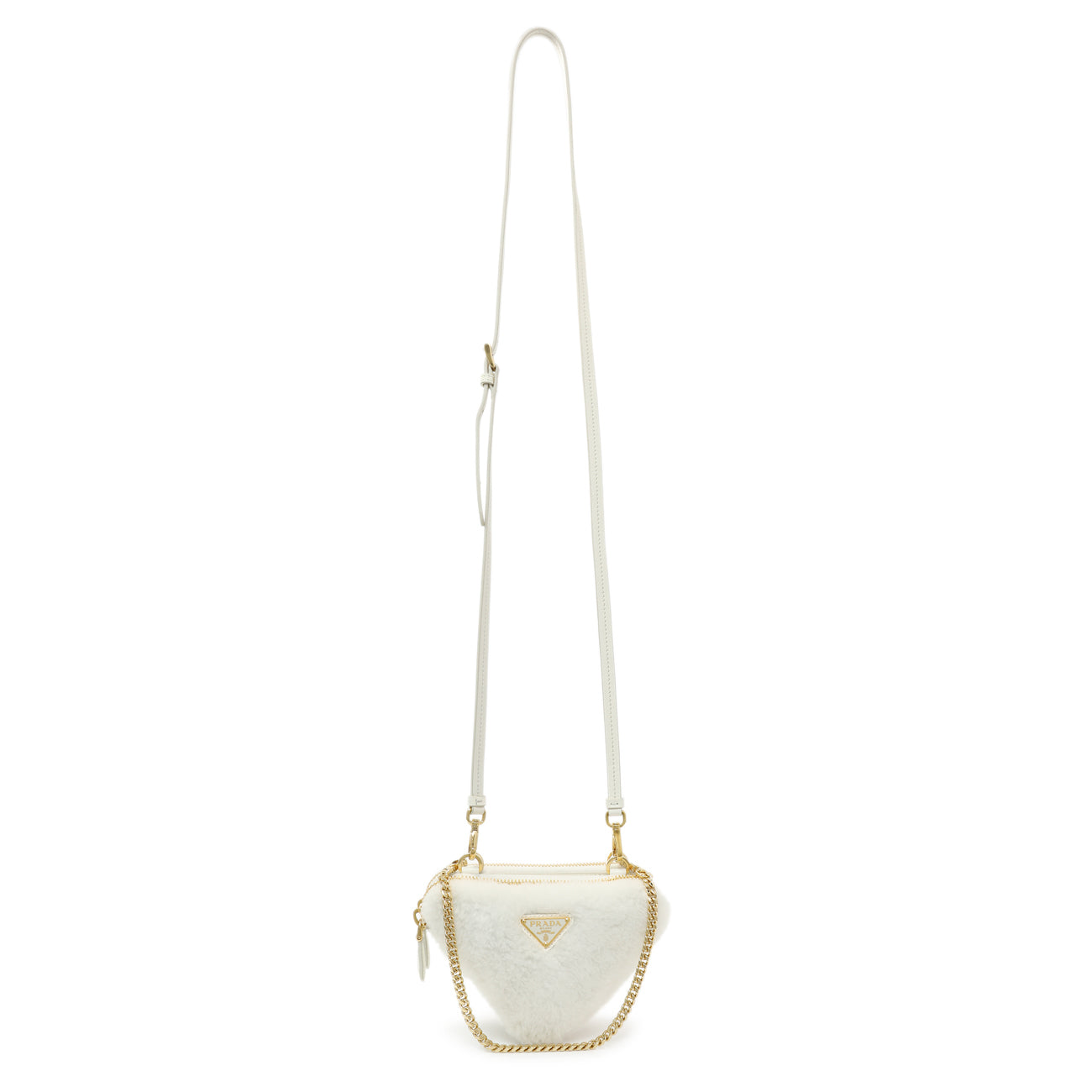 Exclusive Prada White Shearling Mini Triangle Crossbody Pouch — Front View