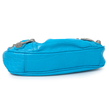 Exclusive Balenciaga Blue Crocodile Embossed Calfskin Crystal Le Cagole Mini Purse With Chain — Back View