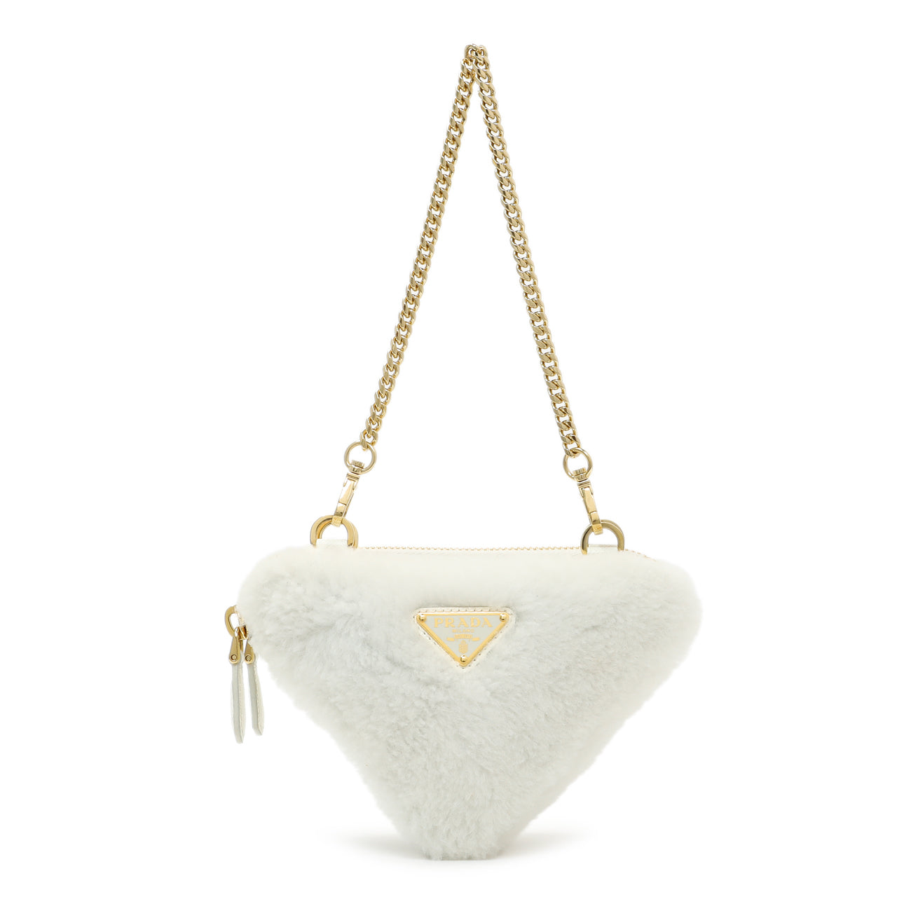 Exclusive Prada White Shearling Mini Triangle Crossbody Pouch — Side View