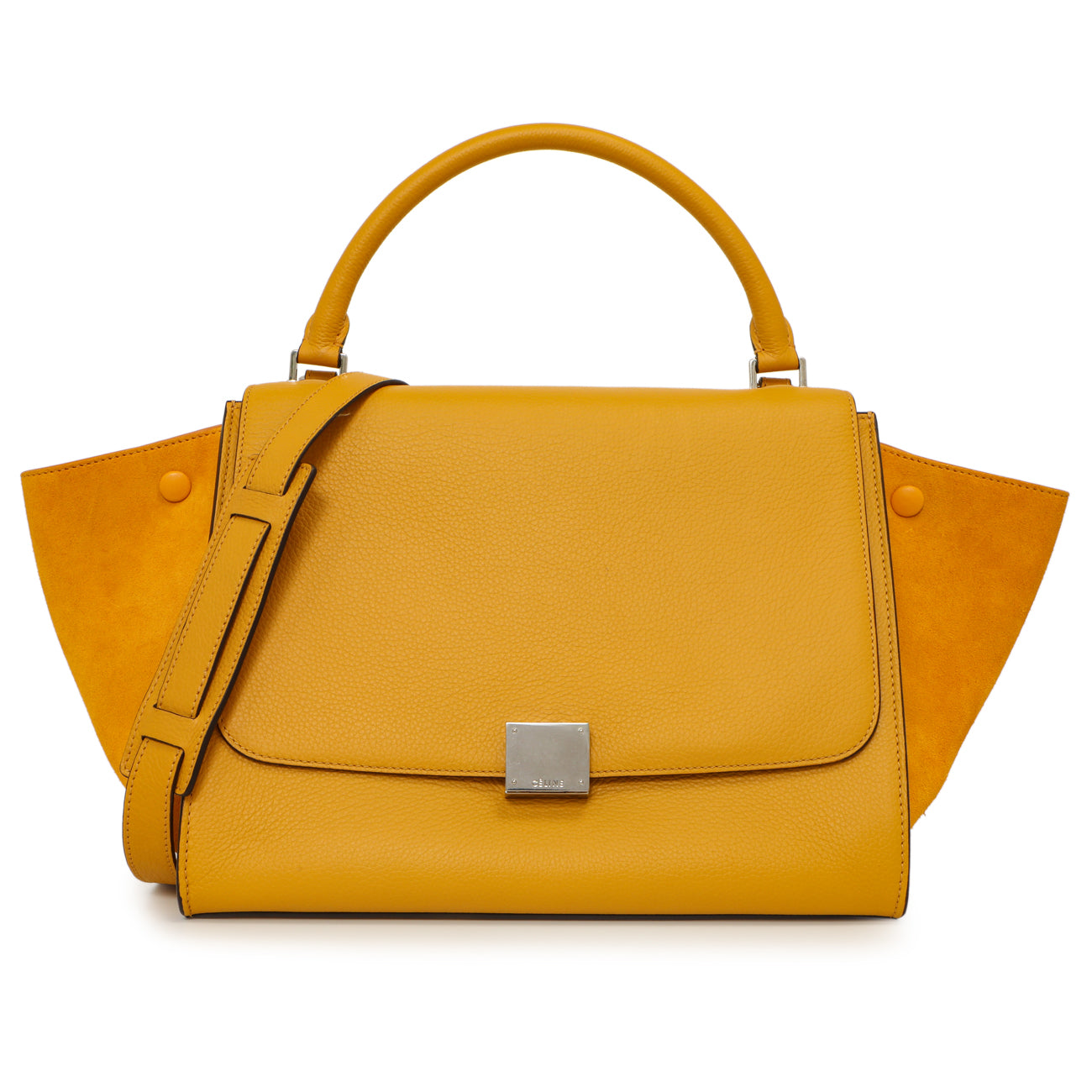 Exclusive Celine Yellow Drummed Calfskin Suede Medium Trapeze — Front View