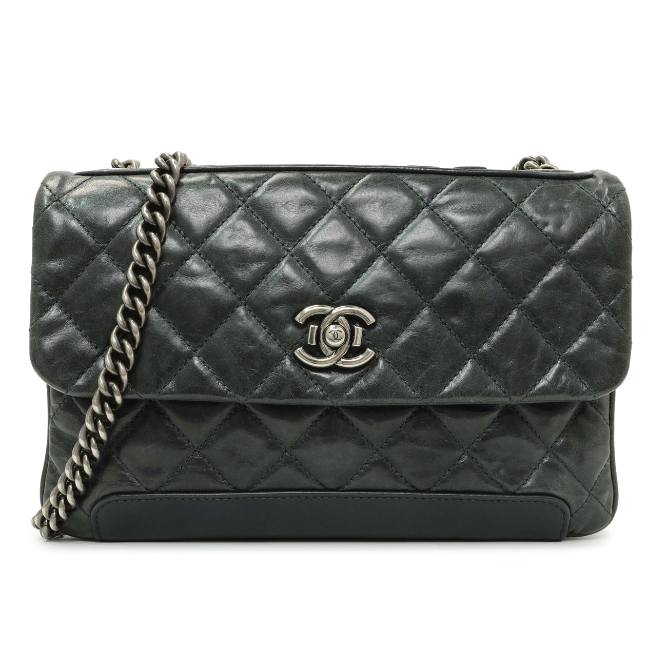 Exclusive Chanel Teal Glazed Calfskin Crossbody Flap — Front View