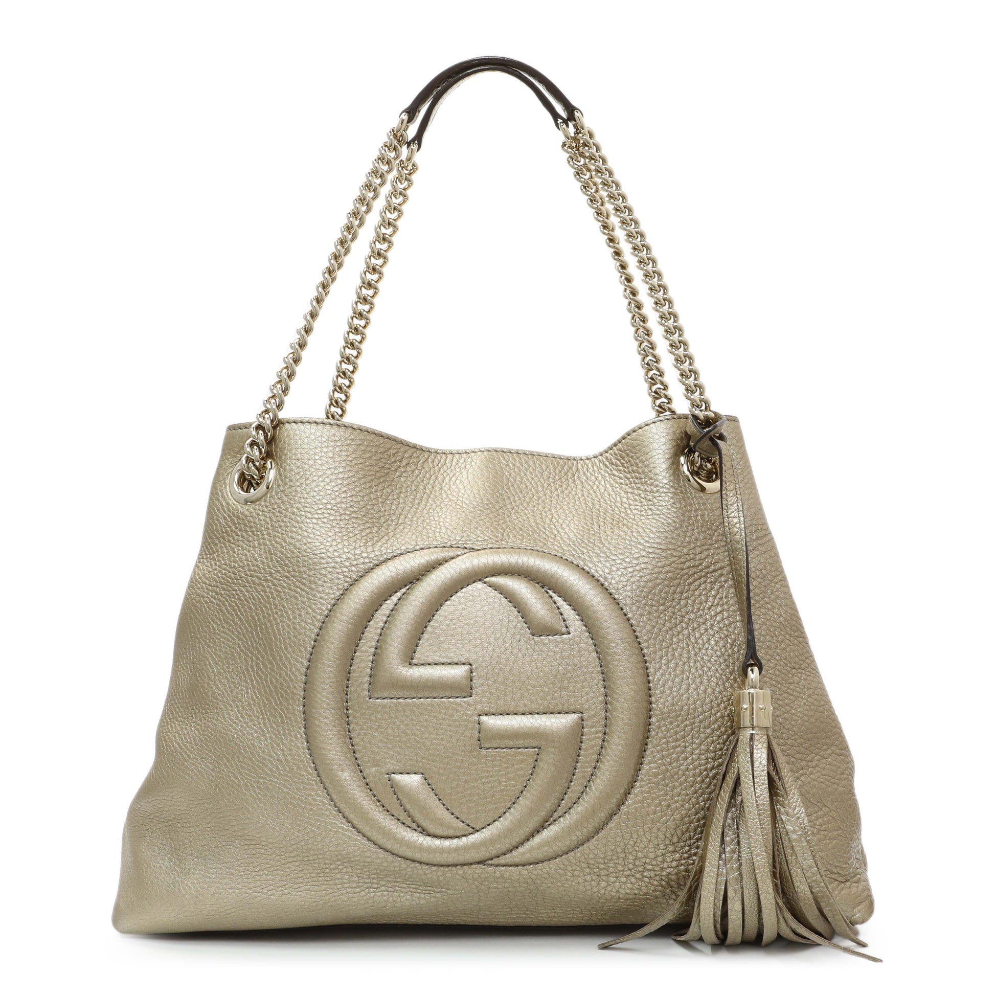 Exclusive Gucci Gold Pebbled Calfskin Medium Soho Chain Shoulder Bag — Front View