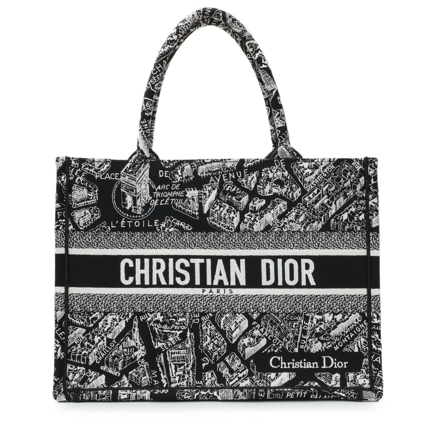 Exclusive Christian Dior Black White Canvas Embroidered Plan De Paris Medium Book Tote — Front View