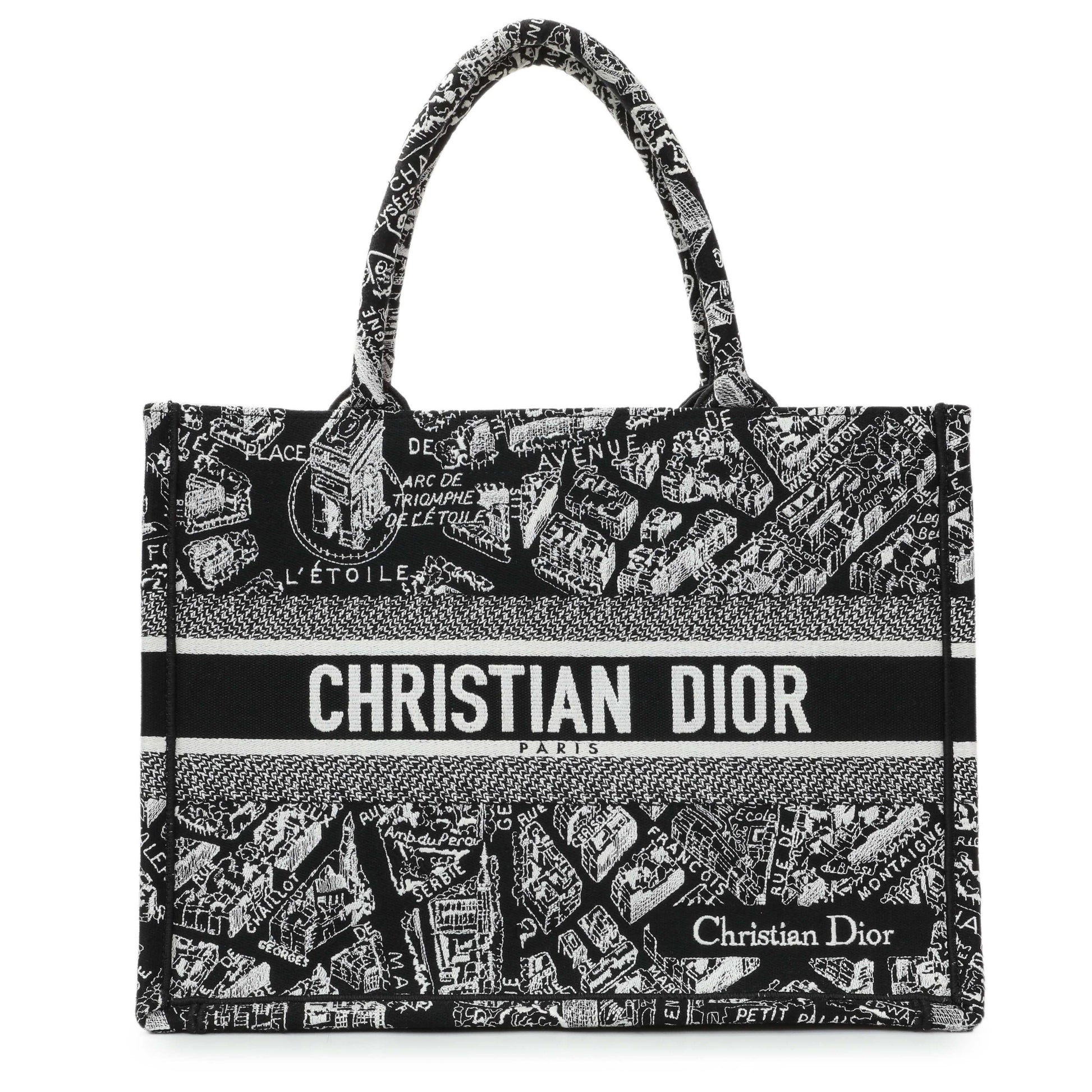 Exclusive Christian Dior Black White Canvas Embroidered Plan De Paris Medium Book Tote — Front View