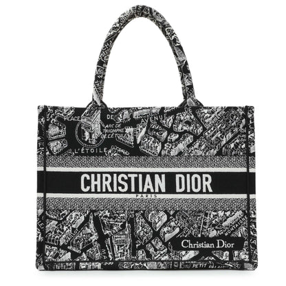 Exclusive Christian Dior Black White Canvas Embroidered Plan De Paris Medium Book Tote — Front View