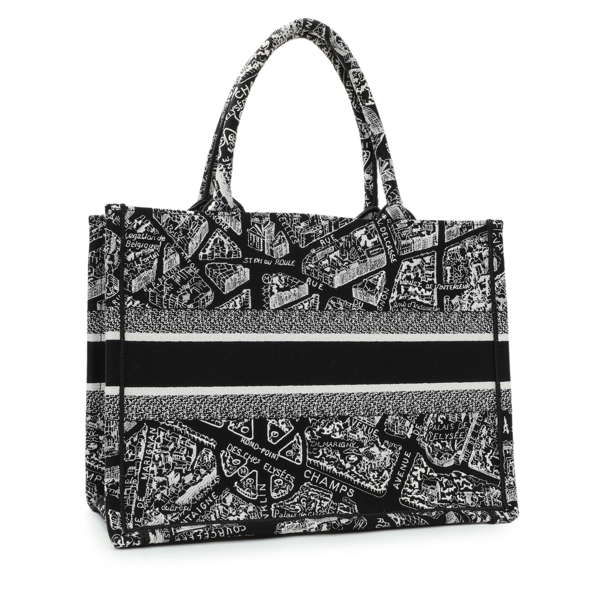 Exclusive Christian Dior Black White Canvas Embroidered Plan De Paris Medium Book Tote — Side View