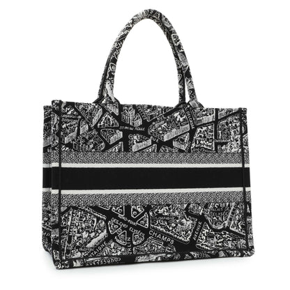 Exclusive Christian Dior Black White Canvas Embroidered Plan De Paris Medium Book Tote — Side View