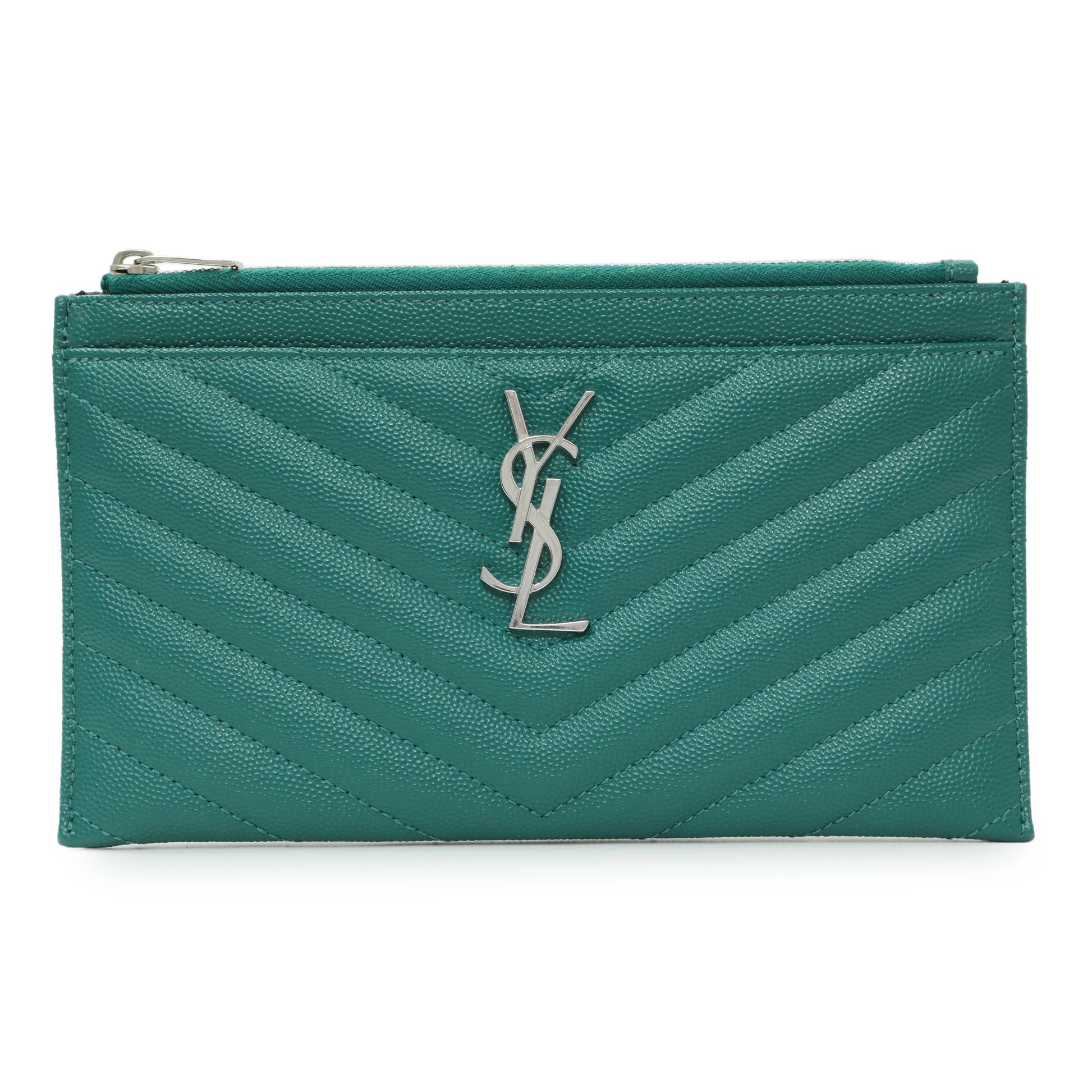 Exclusive Saint Laurent Teal Grain De Poudre Chevron Monogram Bill Pouch — Front View