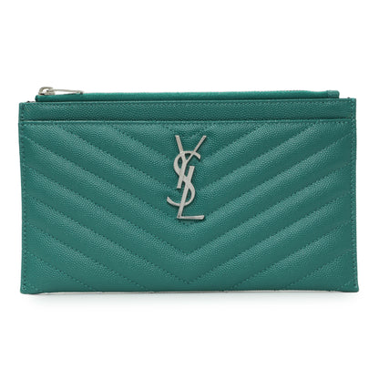 Exclusive Saint Laurent Teal Grain De Poudre Chevron Monogram Bill Pouch — Front View