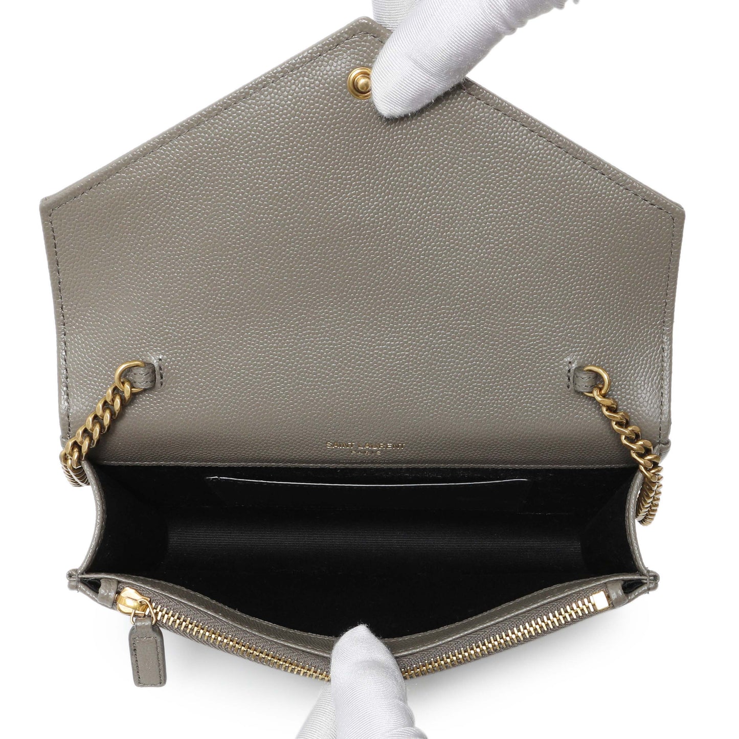 Exclusive Saint Laurent Taupe Grey Grain De Poudre Envelope Chain Wallet — Top View