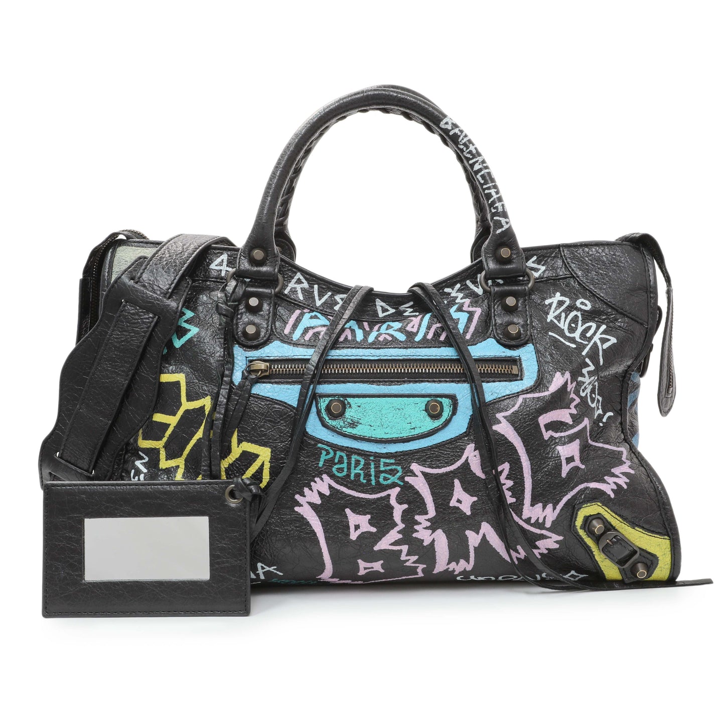 Exclusive Balenciaga Black Agneau Graffiti All Over Classic Hardware City — Front View