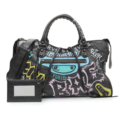 Exclusive Balenciaga Black Agneau Graffiti All Over Classic Hardware City — Front View