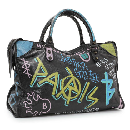 Exclusive Balenciaga Black Agneau Graffiti All Over Classic Hardware City — Side View