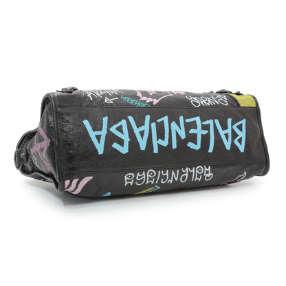 Exclusive Balenciaga Black Agneau Graffiti All Over Classic Hardware City — Back View