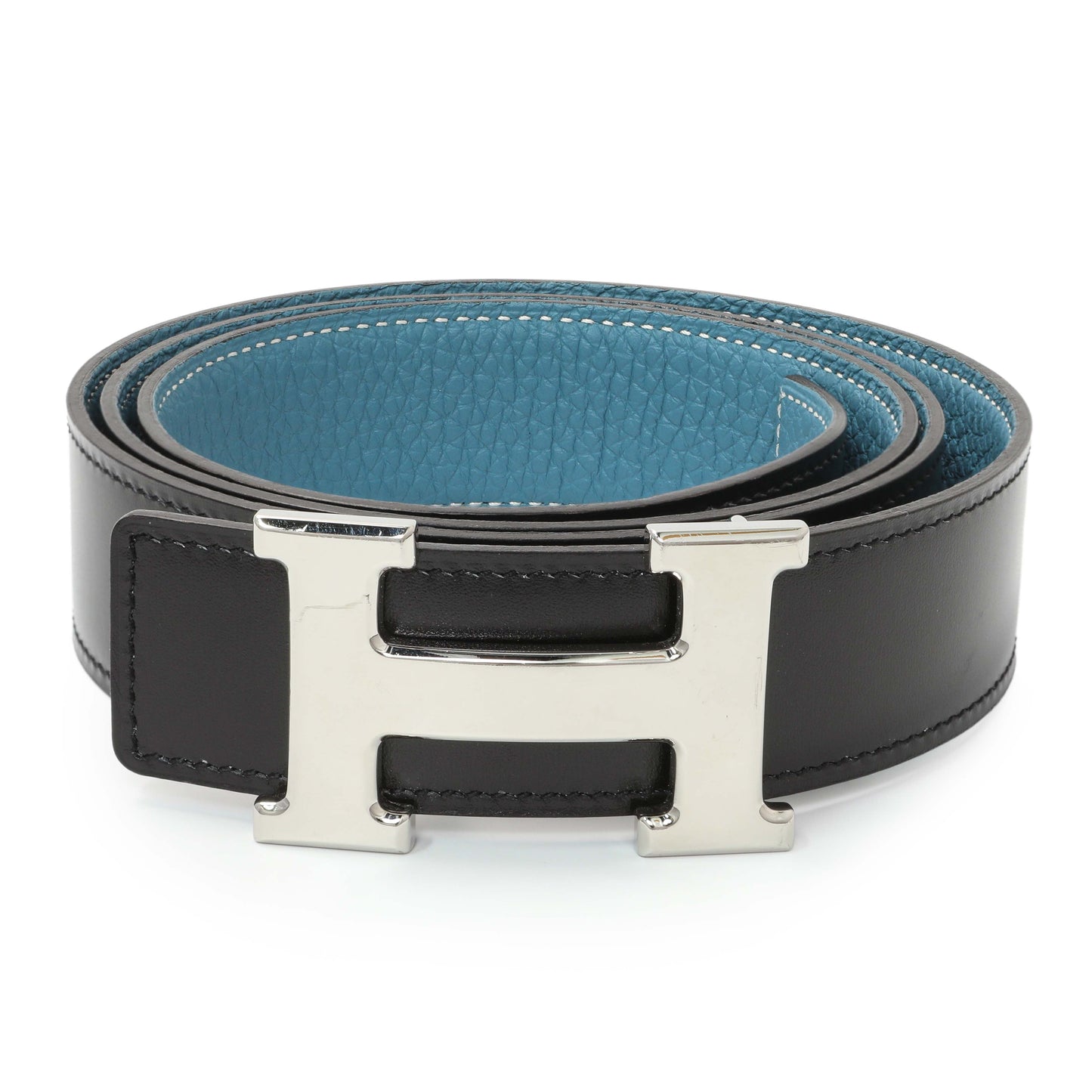 Exclusive Hermes Black/Blue Box/Togo H Belt — Back View