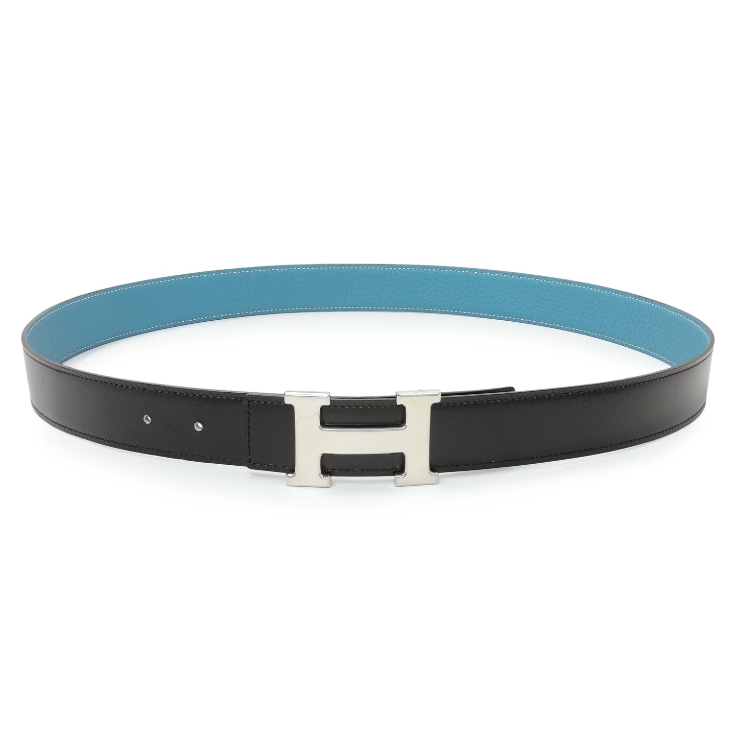 Exclusive Hermes Black/Blue Box/Togo H Belt — Front View