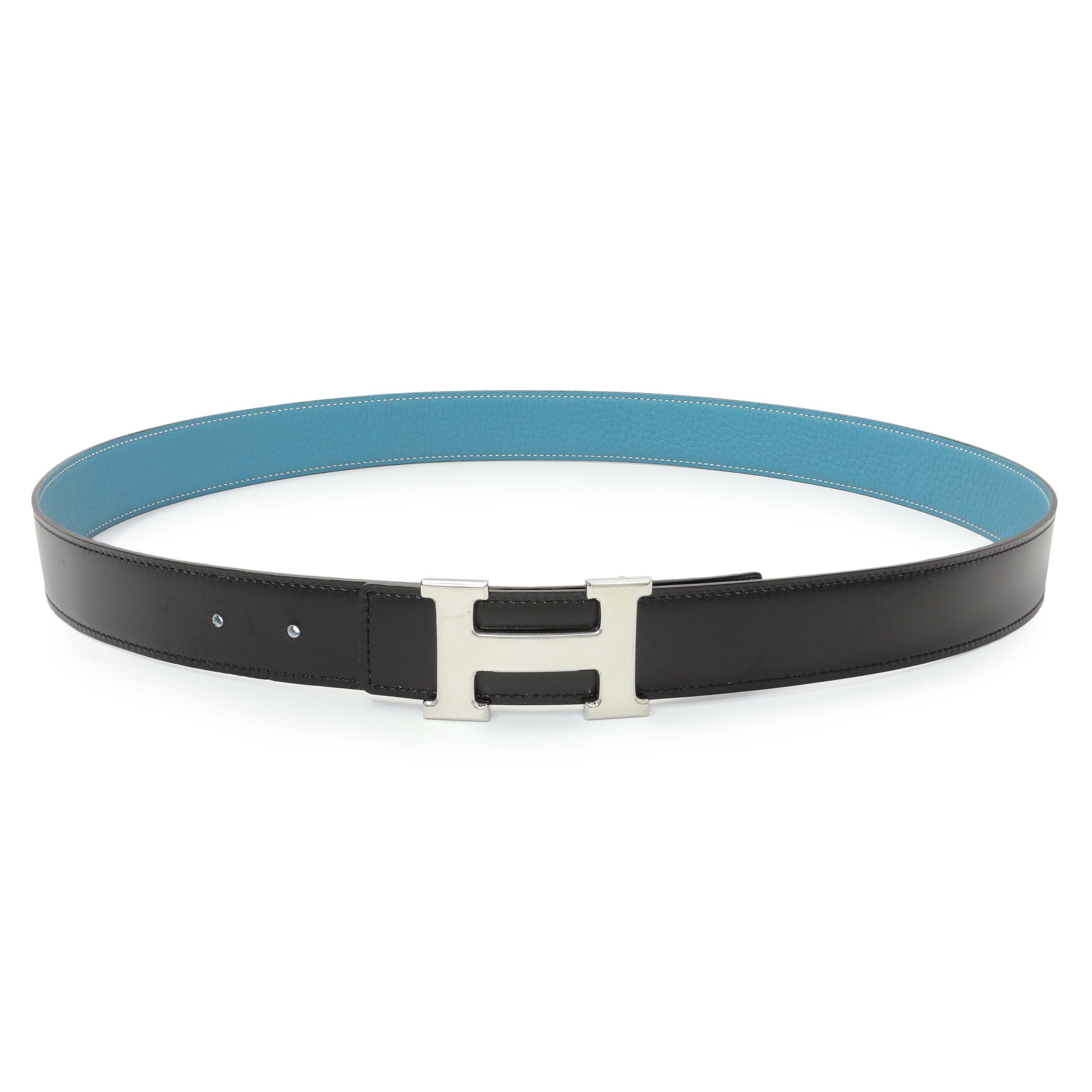 Exclusive Hermes Black/Blue Box/Togo H Belt — Front View