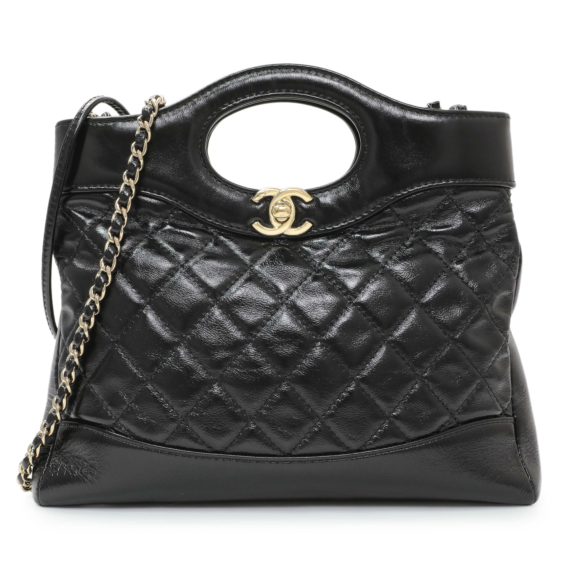 Exclusive Chanel Black Shiny Crumpled Calfskin Quilted Mini 31 Shopping Bag — Front View