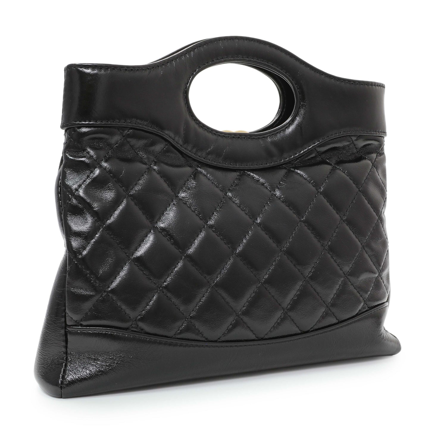 Exclusive Chanel Black Shiny Crumpled Calfskin Quilted Mini 31 Shopping Bag — Side View