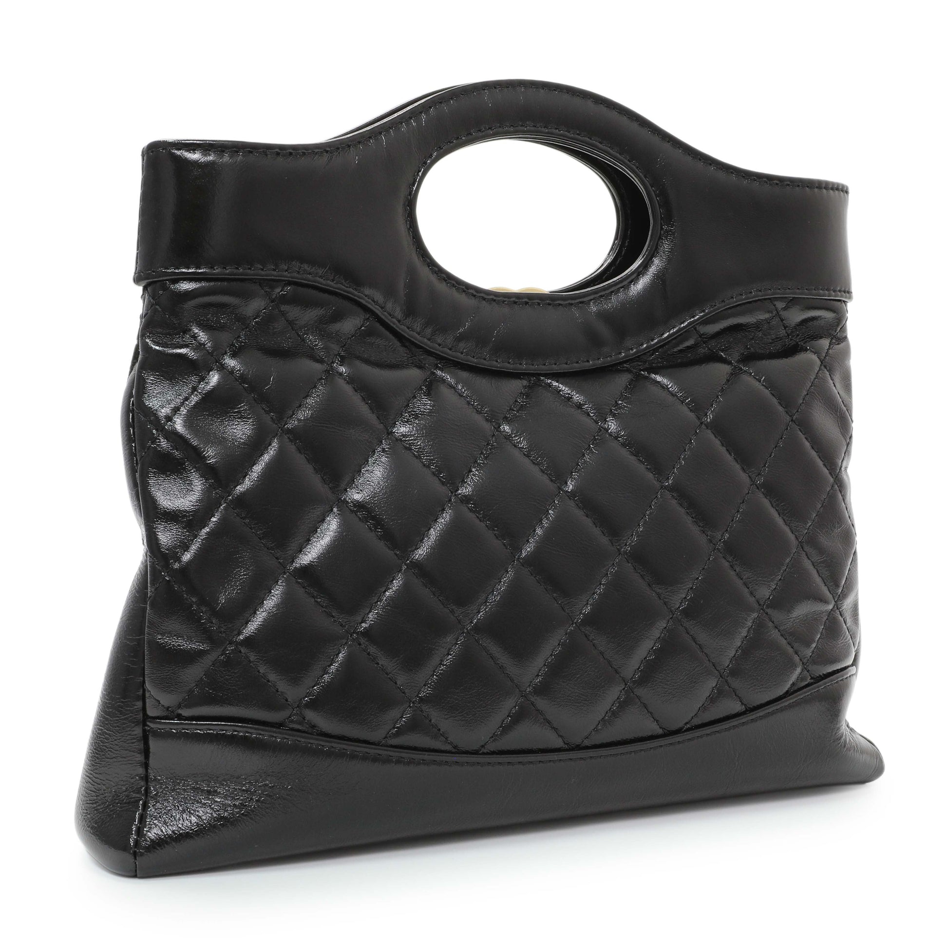 Exclusive Chanel Black Shiny Crumpled Calfskin Quilted Mini 31 Shopping Bag — Side View