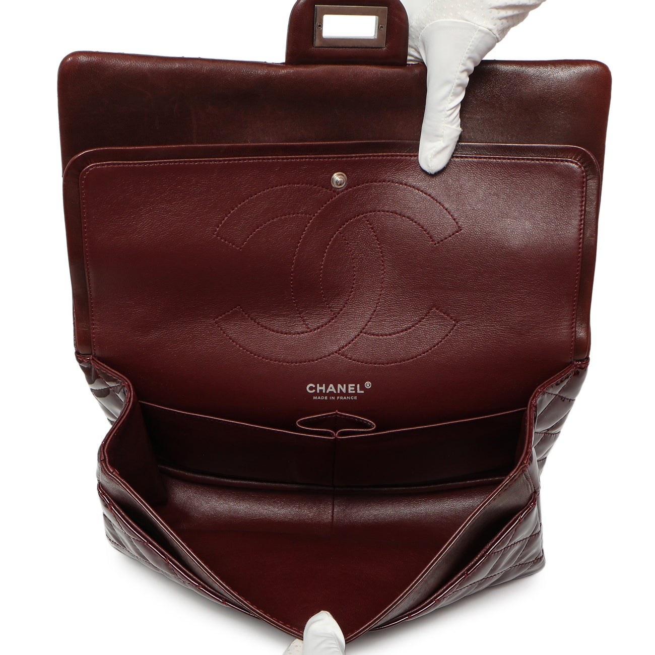 Exclusive Chanel Burgundy Quilted Patent 2.55 Reissue 227 — Top View