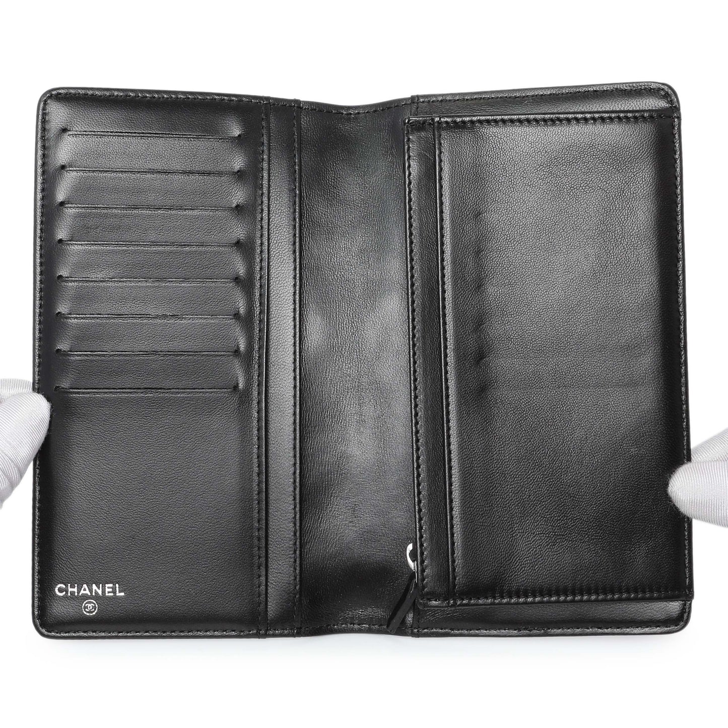 Exclusive Chanel Black Lambskin Camellia Embossed Yen Wallet — Top View