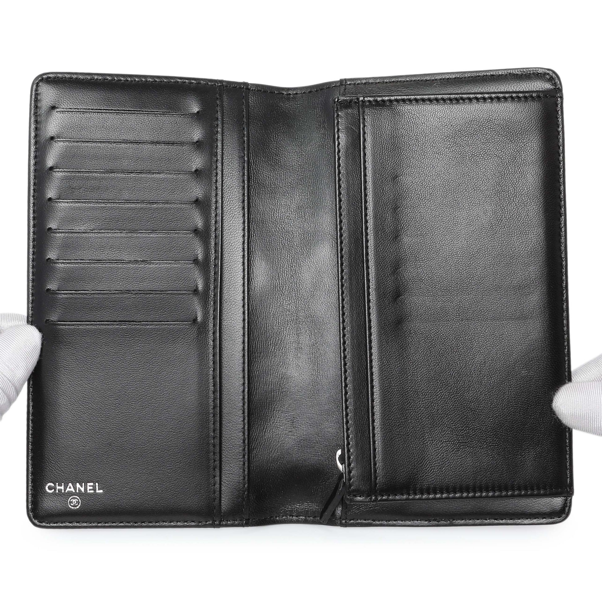 Exclusive Chanel Black Lambskin Camellia Embossed Yen Wallet — Top View