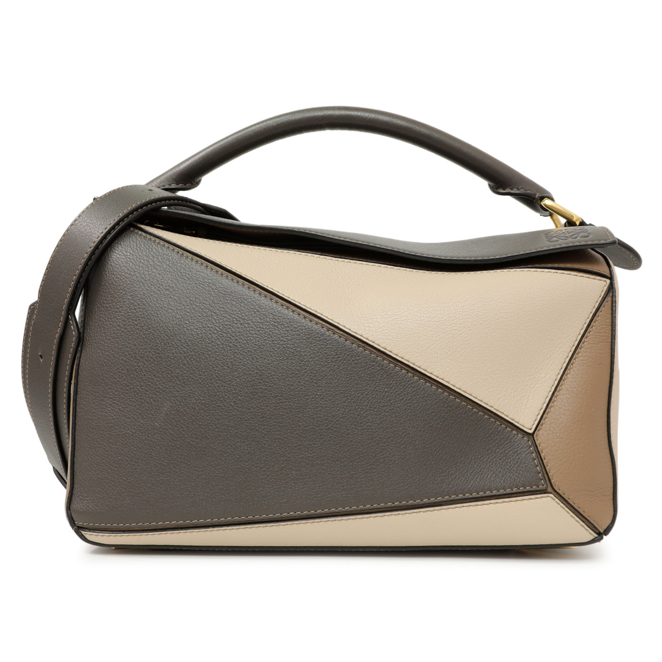 Exclusive Loewe Grey Beige Calfskin Medium Puzzle Bag — Front View