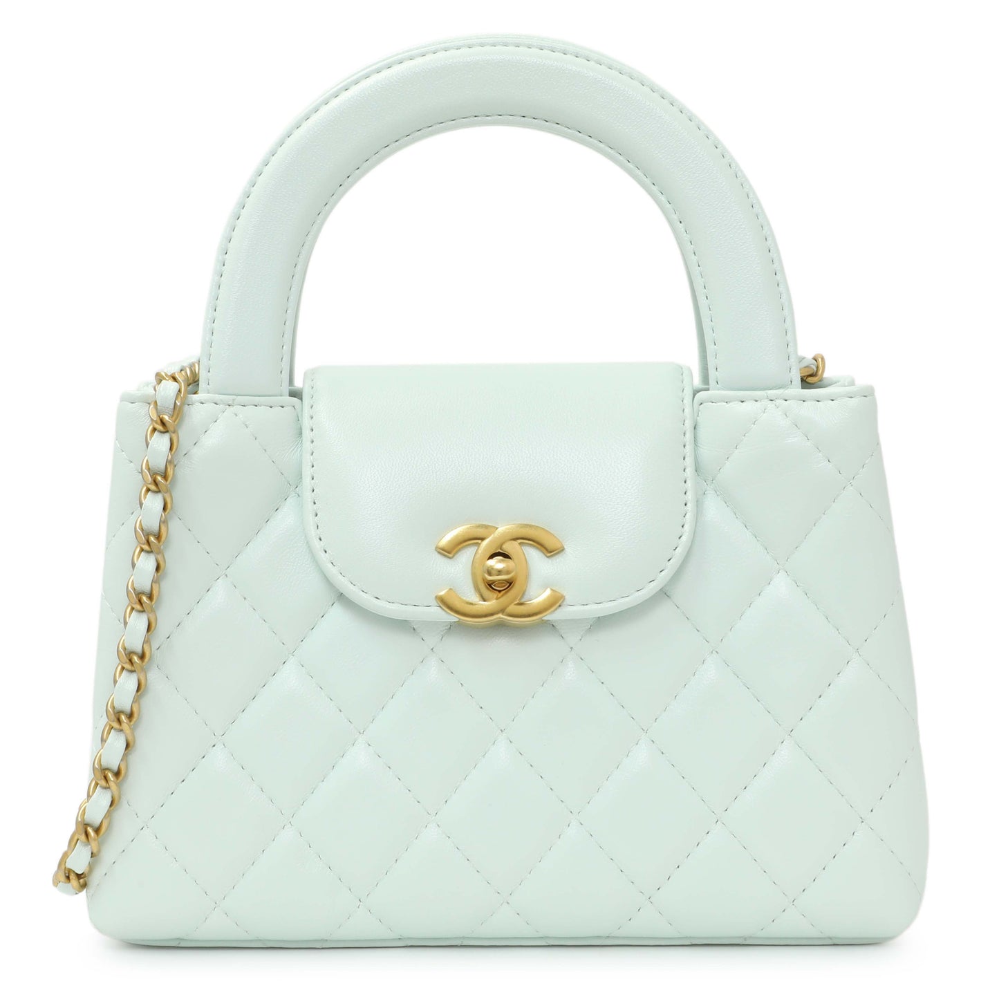 Exclusive Chanel Light Blue Shiny Aged Calfskin Quilted Nano Kelly Shopper — Front View