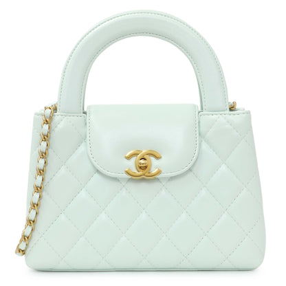 Exclusive Chanel Light Blue Shiny Aged Calfskin Quilted Nano Kelly Shopper — Front View