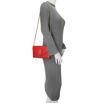 Exclusive Saint Laurent Red Grain De Poudre Matelasse Chevron Monogram Chain Wallet — Alternate View 16