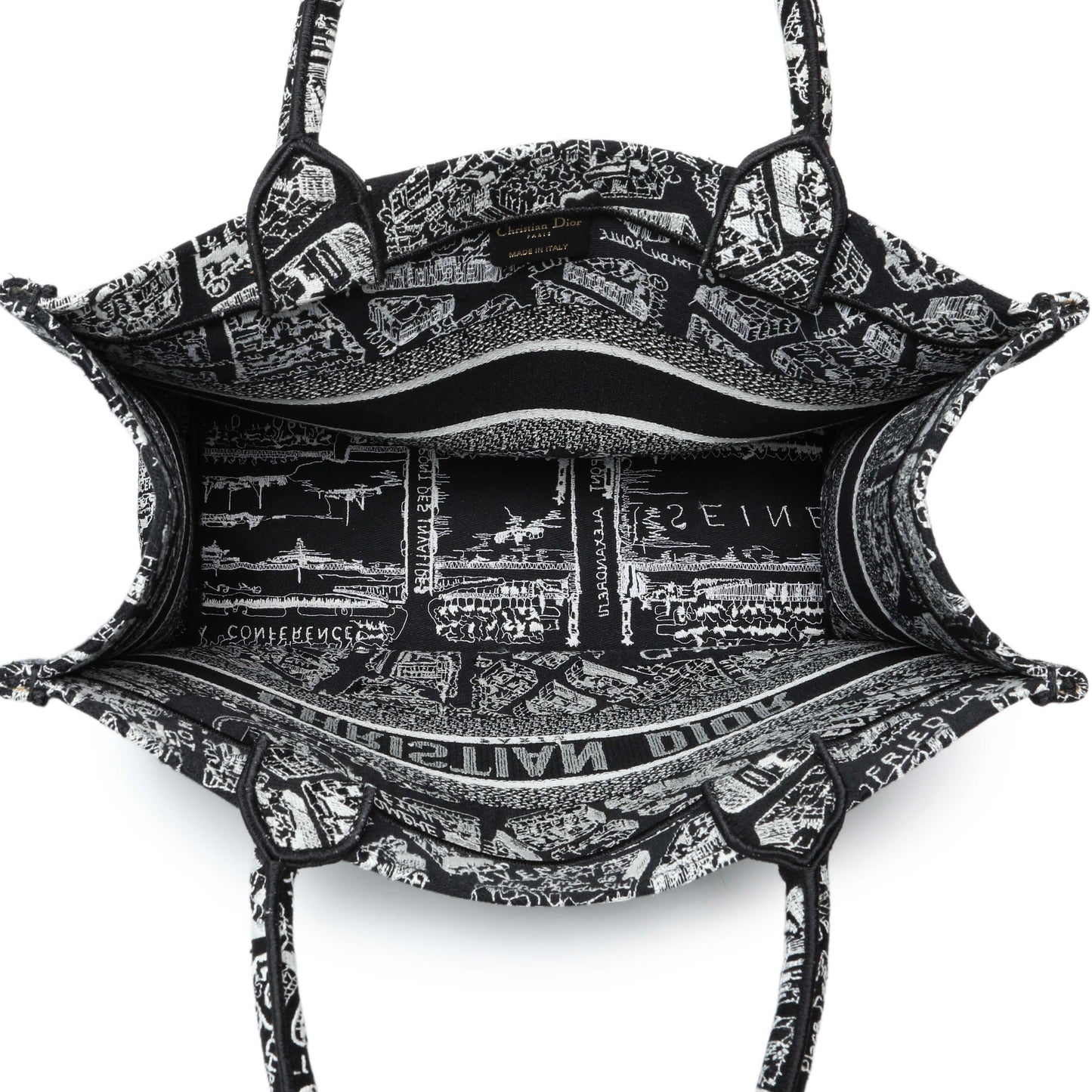 Exclusive Christian Dior Black White Canvas Embroidered Plan De Paris Medium Book Tote — Top View