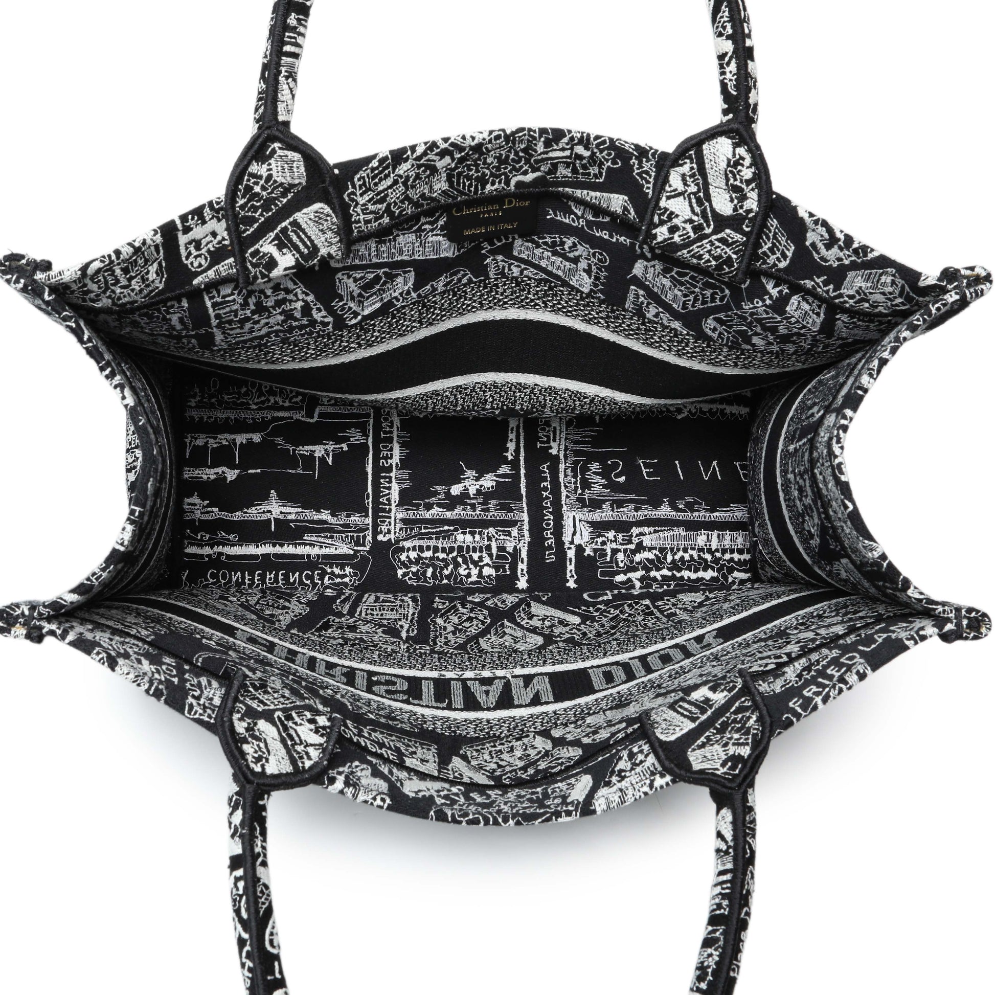 Exclusive Christian Dior Black White Canvas Embroidered Plan De Paris Medium Book Tote — Top View