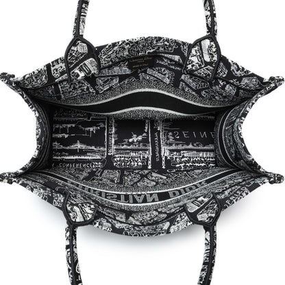 Exclusive Christian Dior Black White Canvas Embroidered Plan De Paris Medium Book Tote — Top View